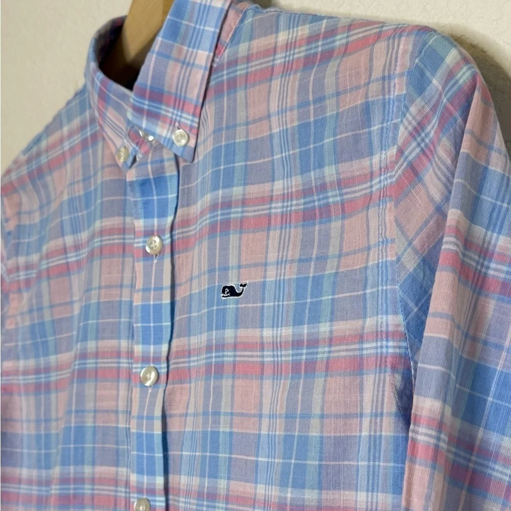 Boys Vineyard Vines Whale Shirt Medium 12-14 Pastel Plaid Button Down Cotton